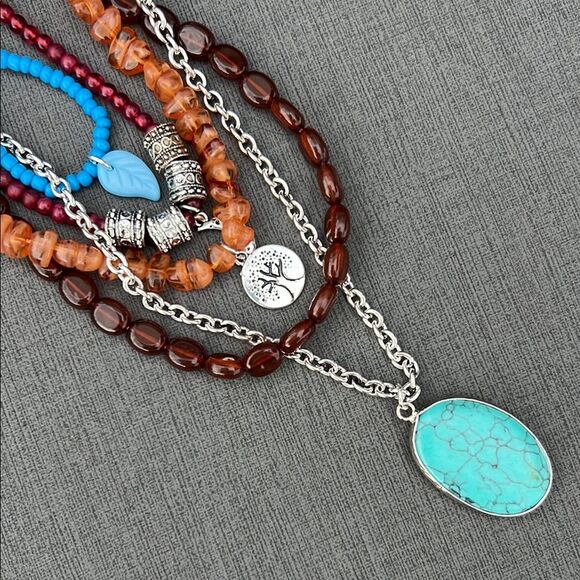Women’s Multilayered Layer Turquoise and Silver Tree Leaf Brown Blue Necklace - Picture 6 of 9